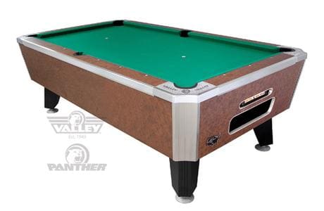 A pool table with green cloth and black trim.