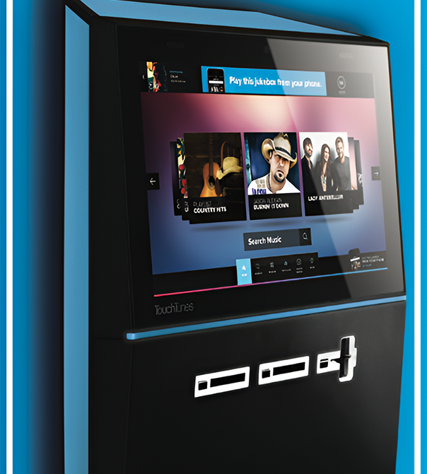 A black and blue wall mounted kiosk with a picture of people on it.